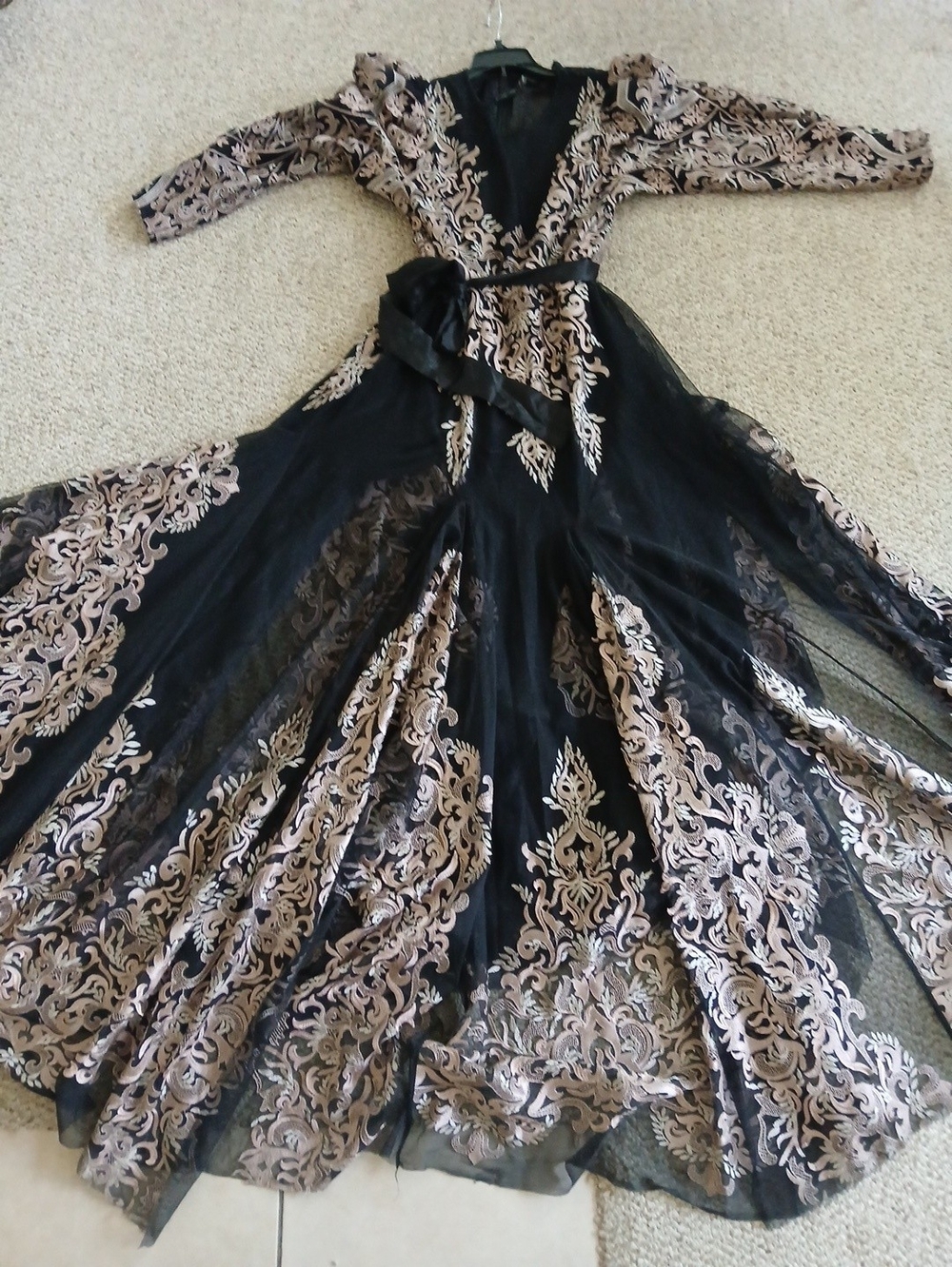 BCBGMaxAzria Black and Beige Embroidered Long Sleeve Maxi Dress - Picture 1 of 6